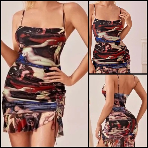 RENAISSANCE PRINT COWL NECK RUCHED MIDI COQUETTE GOTH GRUNGE DRESS SIZE M - Picture 1 of 16